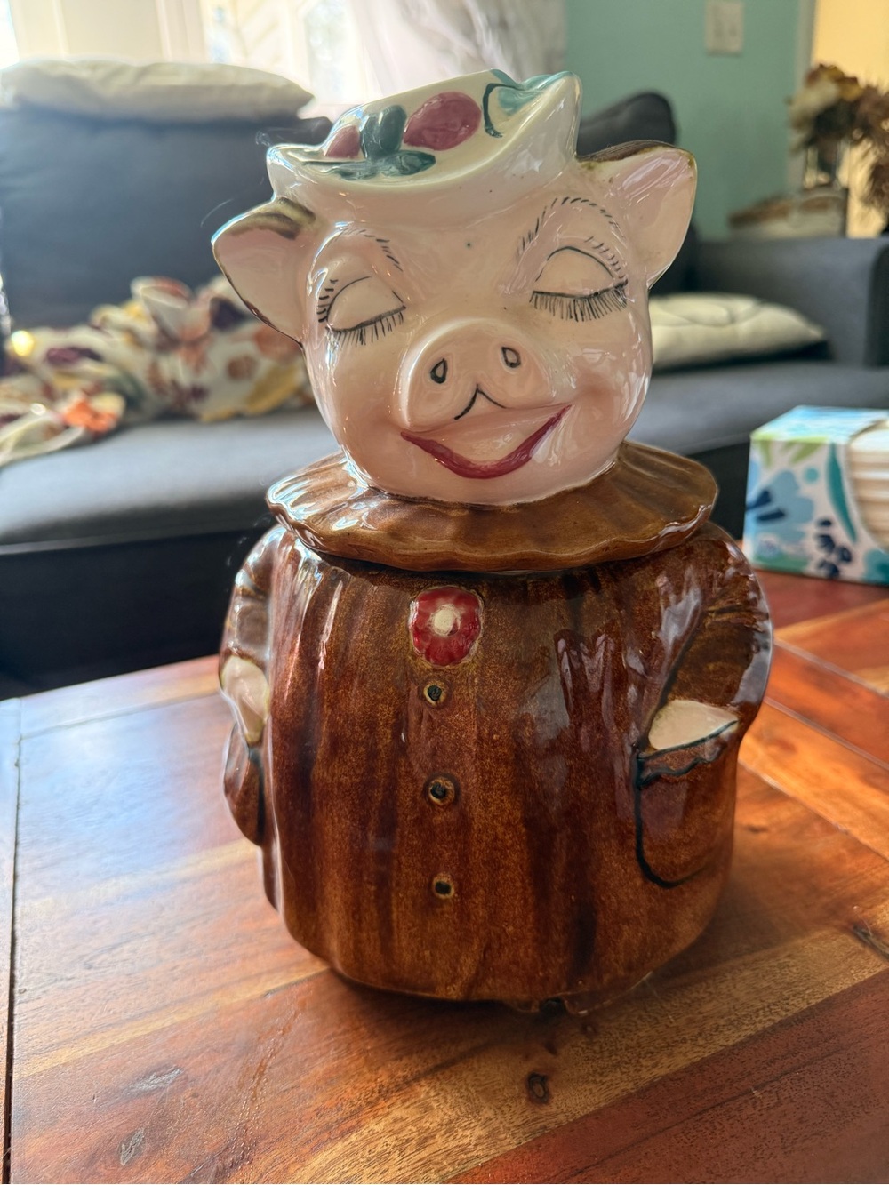 Shawnee Ceramic & Porcelain Pig Cookie Jar w/ Lid, Floral Pattern, Brown/White